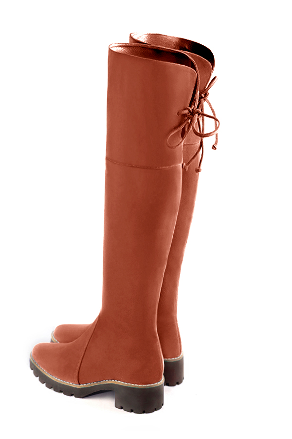 Terracotta orange women's leather thigh-high boots. Round toe. Low rubber soles. Made to measure. Rear view - Florence KOOIJMAN